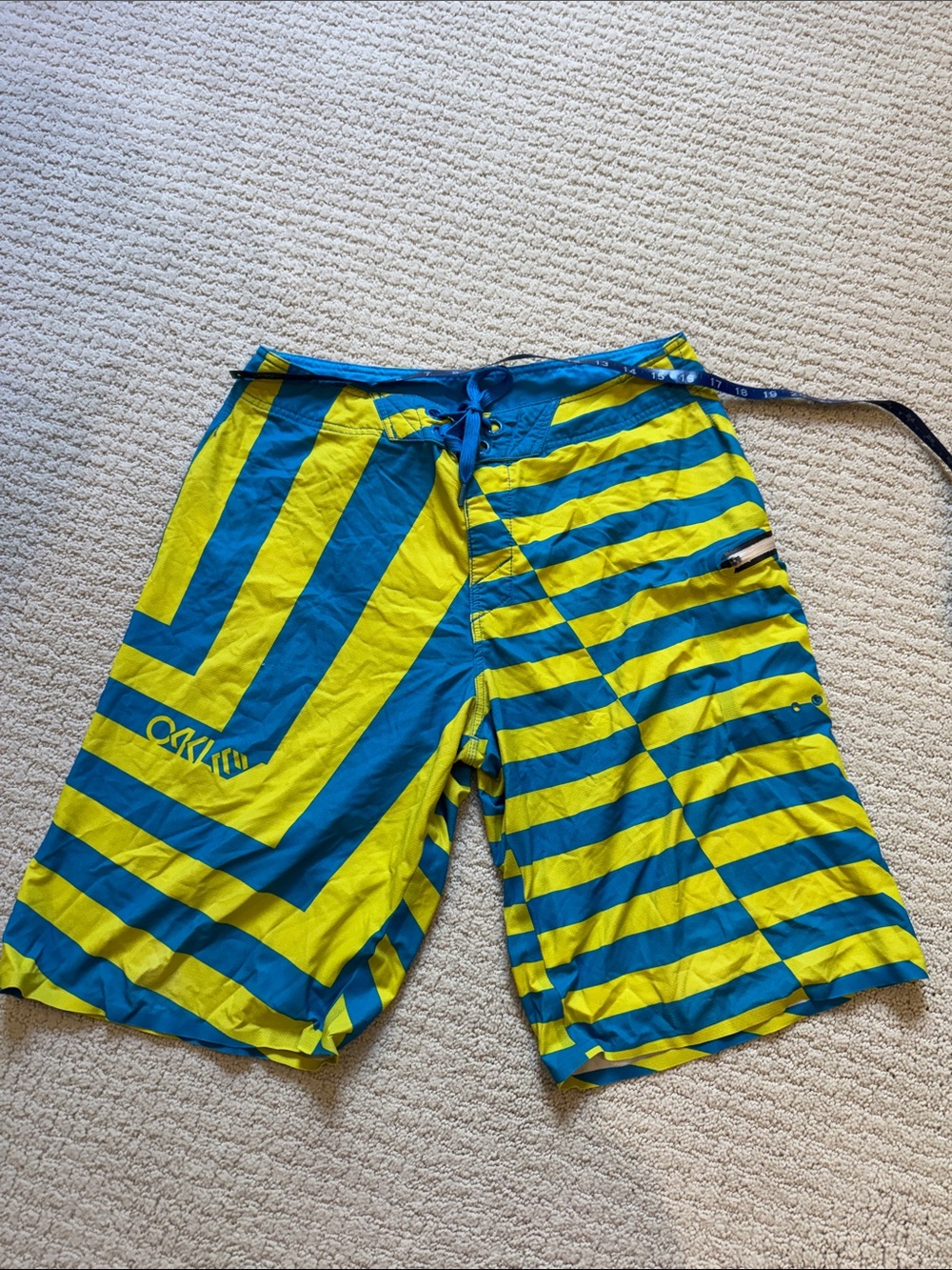 Oakley Blue and Yellow Striped Swim Board Shorts